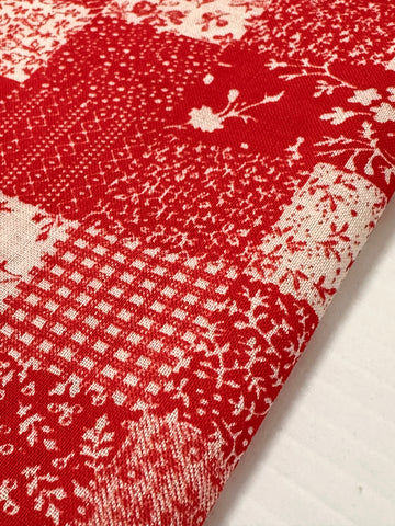 Vintage Fabric 1980s Faux Patchwork Red & White Squares 88cm Wide