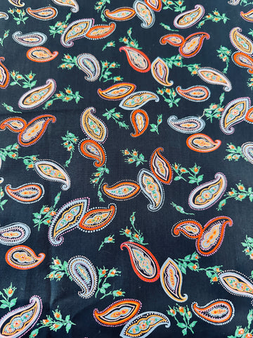 Vintage Fabric 1980s Cotton Poplin w/ Small Paisleys on Black 110cm Wide