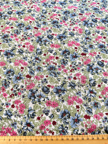CLEARANCE Vintage Modern Fabric Rayon Cotton Blend w/ Floral Print on White 136cm Wide