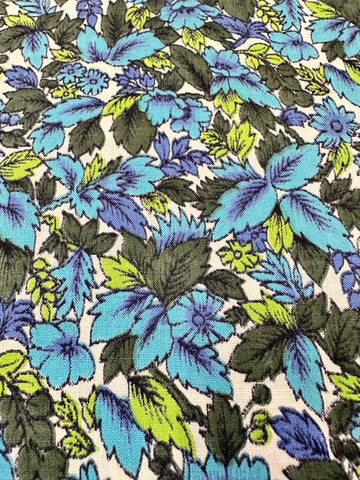 Vintage Fabric 1970s Bright Blue Green Leaves on White Cotton 80cm Wide