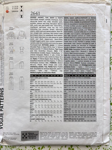 JACKET, TOP, SKIRT, & PANTS: Vogue American Designer Sewing Pattern DKNY Donna Karan 2002 Size 12-14-16 Complete FF *2641