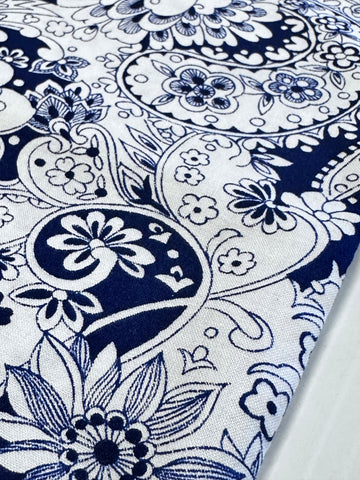 Vintage Fabric 1960s? Fabulous Stylised Peacocks Navy on White Cotton 88cm Wide
