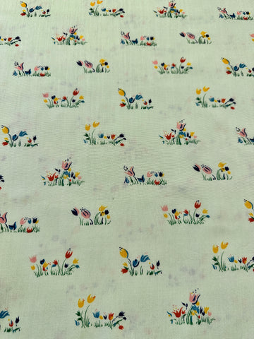 Vintage Fabric 1960s Boho Meadow Retro Tulips on Mint Green Cotton 88cm Wide