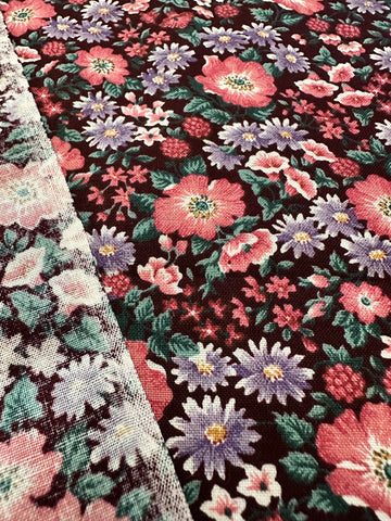 LAST PIECE Vintage Fabric Quilt Cotton 80s? Bright Floral on a Dark Base 112cm x 50cm