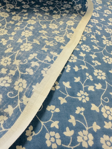 Vintage Fabric 1980s Laura Ashley Style Dusky Blue Base w/ White Floral 118cm Wide