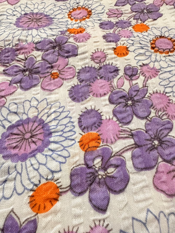 Vintage Fabric 1960s 70s Pure Retro Purple Daisies Cotton Plisse 88cm Wide