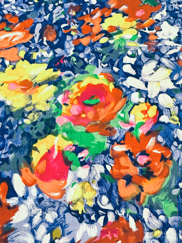 LAST PIECE Vintage Fabric 1980s? Impressionist Painterly Flowers on Blue Cotton 140cm x 50cm