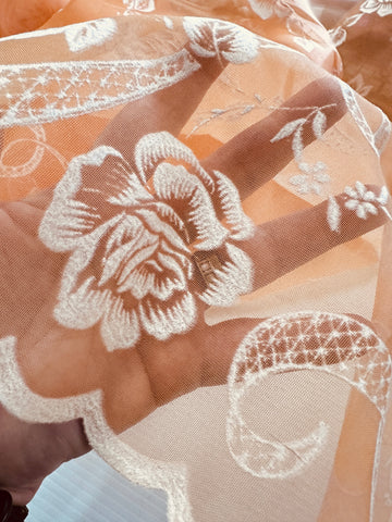 Vintage Fabric 1960s Rare Border Print Flocked Flowers Scalloped Edge Orange Nylon 106cm Wide