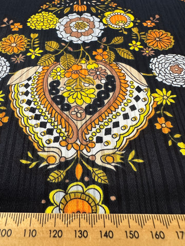 REMNANT Vintage Fabric 1960s Pure Boho Hippie Trippy Flower Cameo on Black Textured 44cm x 46cm