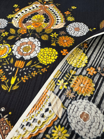REMNANT Vintage Fabric 1960s Pure Boho Hippie Trippy Flower Cameo on Black Textured 44cm x 46cm