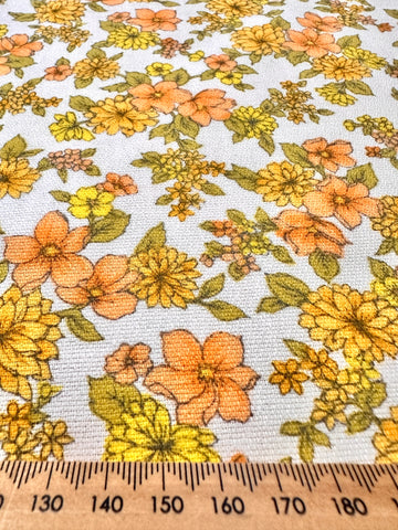 Vintage Fabric 60s 70s Basket Weave Cotton Bright Floral on White 88cm Wide