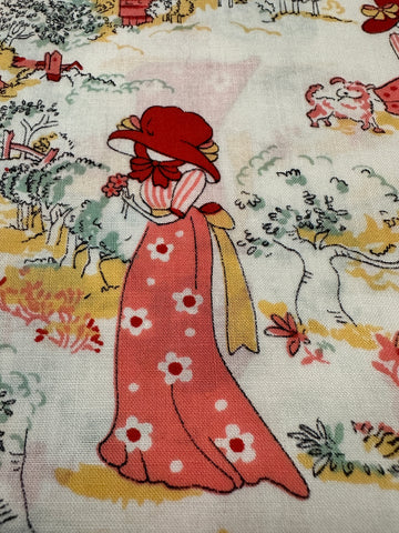 Vintage Fabric Novelty Cotton w/ Lady in Pink 70s 88cm Wide