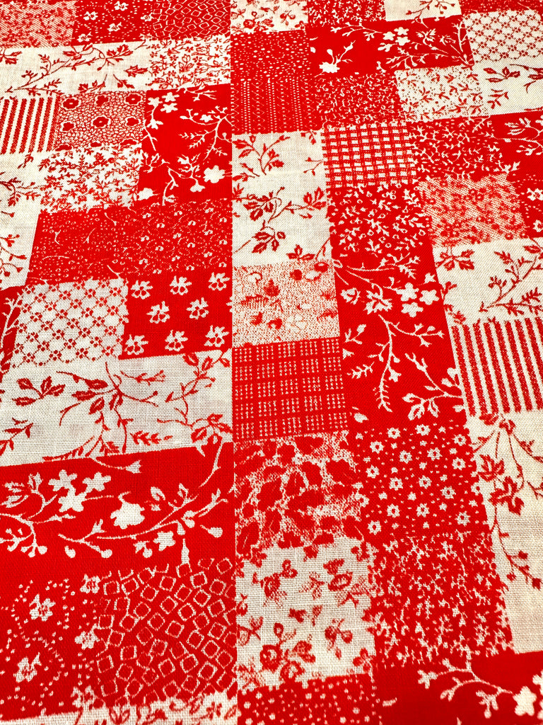 Vintage Fabric 1980s Faux Patchwork Red & White Squares 88cm Wide