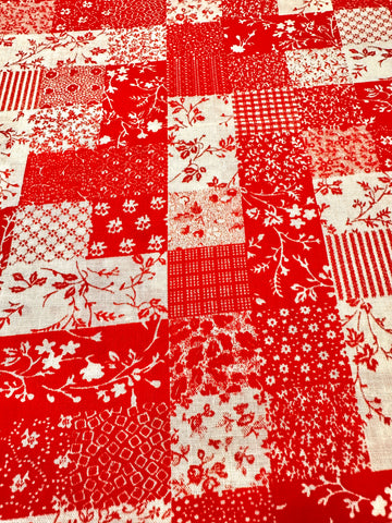Vintage Fabric 1980s Faux Patchwork Red & White Squares 88cm Wide