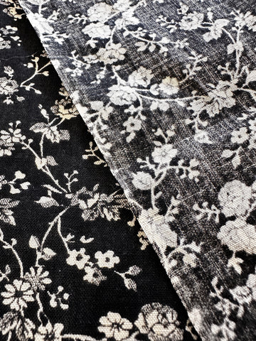 LAST PIECE Vintage Fabric 1950s? Small White Flowers on Black 87cm x 50cm