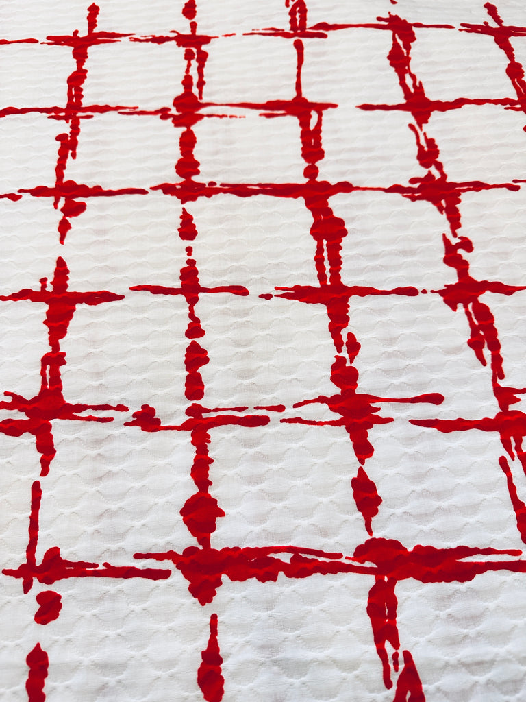 Striking Vintage Fabric 1960s?Waffle Weave Cotton w/ Mod Painted Lines 114cm Wide