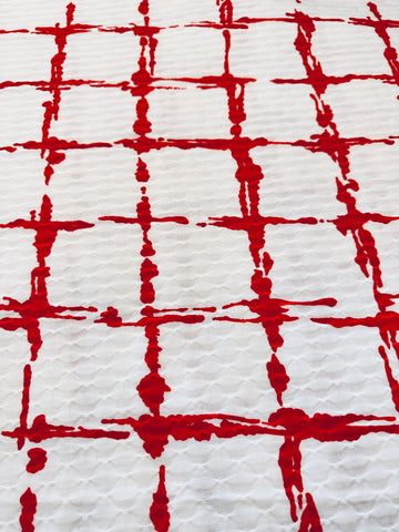 Striking Vintage Fabric 1960s?Waffle Weave Cotton w/ Mod Painted Lines 114cm Wide