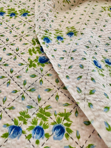 Vintage Fabric 1960s Hippie Meadow Flowers on Cream Cotton Plisse 88cm Wide