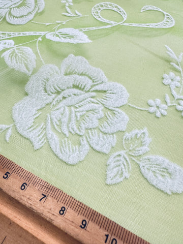Vintage Fabric 1960s Rare Border Print Flocked Flowers Scalloped Edge Green Nylon 106cm Wide