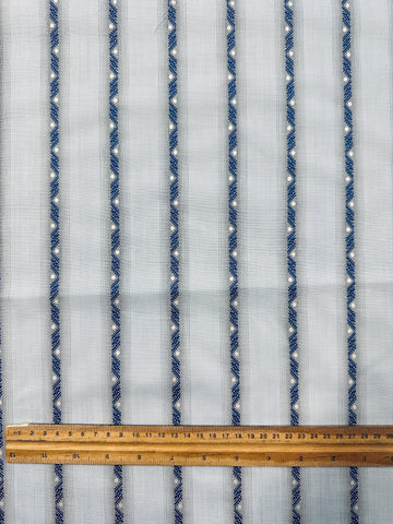 Vintage Fabric 1960s 70s Light Weight Pale Blue Cotton w/ Embroidered Stripe Spot 88cm Wide