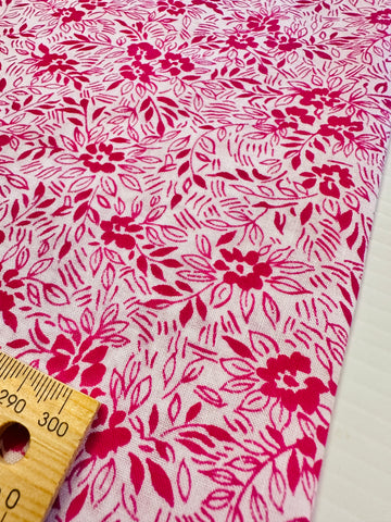 Vintage Fabric 1960s Bright Raspberry Pink Floral on White Cotton 86cm Wide