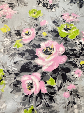 Vintage Fabric 1950s Rare Chintz Dress Cotton Lime Green & Pink Roses on Grey Cotton Evening Wear 88cm Wide