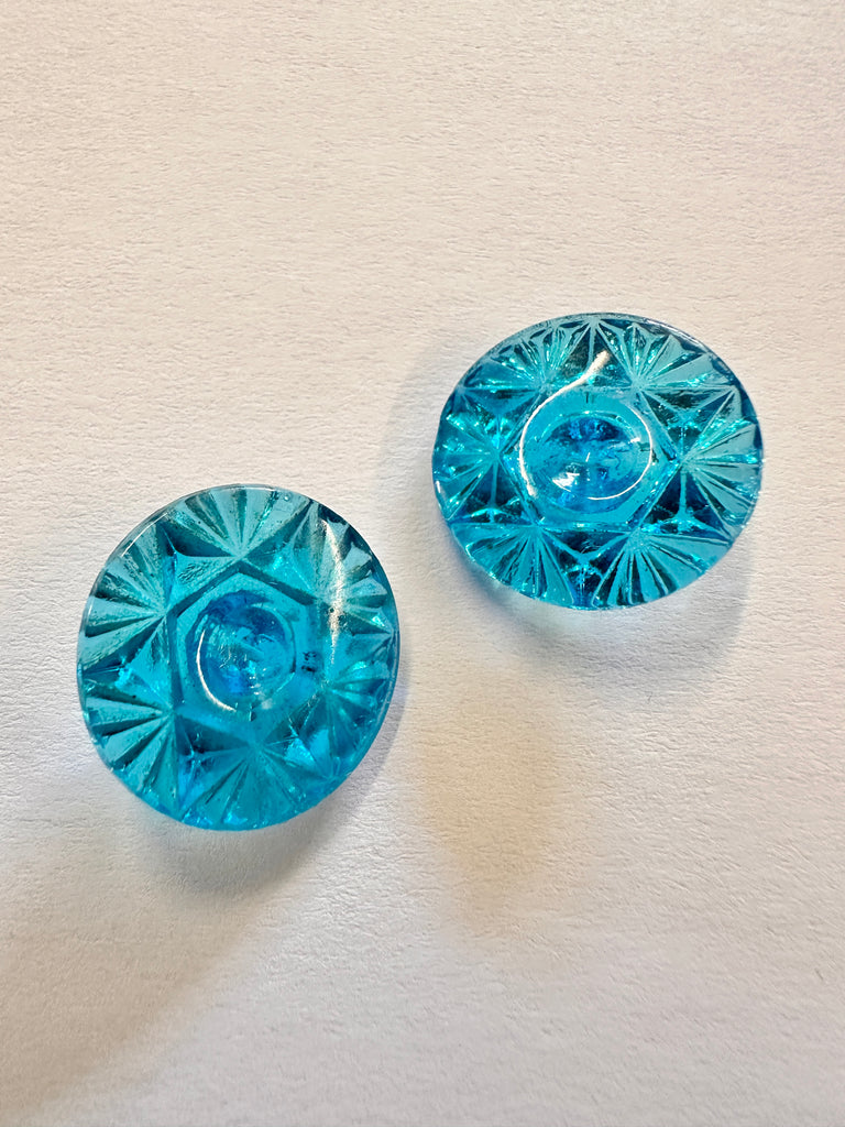 Vintage Button 1950s? Cut Glass in Teal Blue w/ Shank 18mm