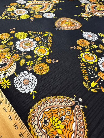 REMNANT Vintage Fabric 1960s Pure Boho Hippie Trippy Flower Cameo on Black Textured 44cm x 46cm