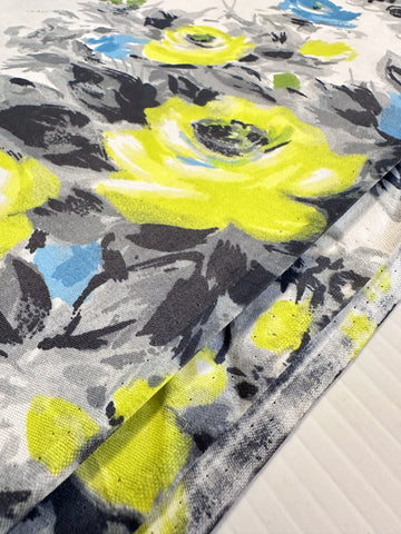 Vintage Fabric 1950s Rare Chintz Dress Cotton Bright Chartreuse & Blue Roses on White Cotton Evening Wear 88cm Wide