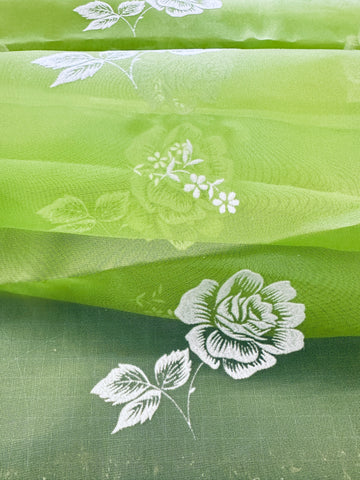 Vintage Fabric 1960s Rare Border Print Flocked Flowers Scalloped Edge Green Nylon 106cm Wide