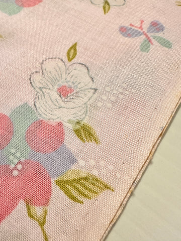 Vintage Fabric 1960s Butterflies & Flowers on Pink Cotton 88cm Wide