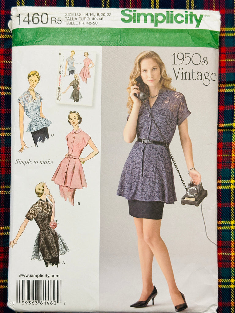 TUNIC & PEPLUM BLOUSE: Simplicity Sewing Pattern 2014/1950s Sizes 14-22 Unused FF *1460