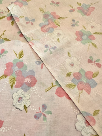 Vintage Fabric 1960s Butterflies & Flowers on Pink Cotton 88cm Wide