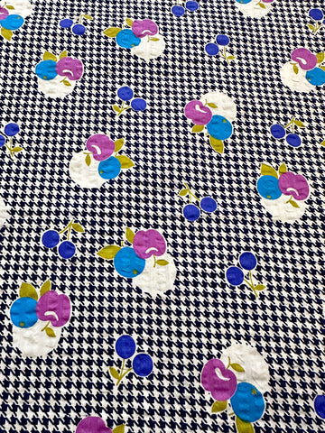 Vintage Fabric 1960s 70s Cherries Apples on Navy Houndstooth Cotton Seersucker 88cm Wide