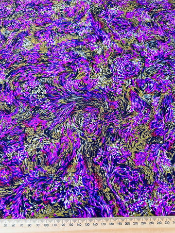 LAST PIECE Vintage Fabric 1970s Purple White Flowing Floral on Olive Brown Silk Blend 112cm x 50cm