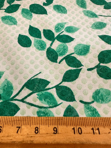 Vintage Fabric 1960s Emerald Green Leaves on Pink White Cotton w/ Embroidered Spot 88cm Wide