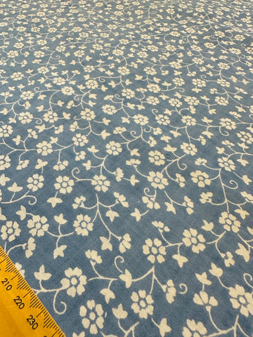 Vintage Fabric 1980s Laura Ashley Style Dusky Blue Base w/ White Floral 118cm Wide
