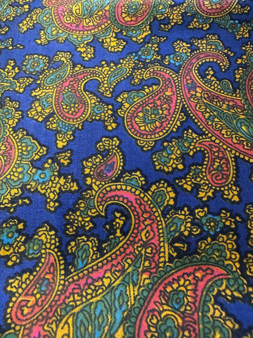 Vintage Fabric 60s 70s High End Polished Cotton Cobalt Blue Base w/ Paisley 88cm Wide