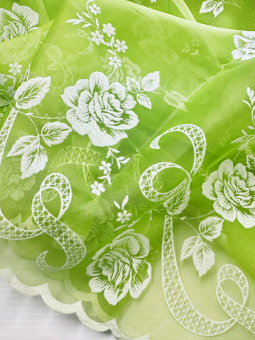 Vintage Fabric 1960s Rare Border Print Flocked Flowers Scalloped Edge Green Nylon 106cm Wide