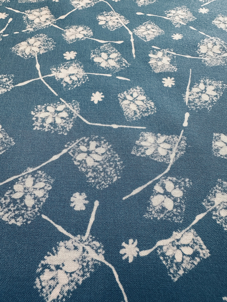 Vintage Fabric 1950s Dress Cotton Patchy White Flowers on Blue 88cm Wide