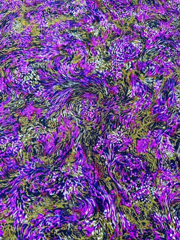 LAST PIECE Vintage Fabric 1970s Purple White Flowing Floral on Olive Brown Silk Blend 112cm x 50cm