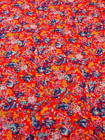 Vintage Fabric 1970s 80s Boho Blue Orange Flowers on Red Cotton 88cm Wide
