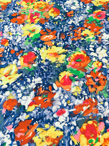 LAST PIECE Vintage Fabric 1980s? Impressionist Painterly Flowers on Blue Cotton 140cm x 50cm