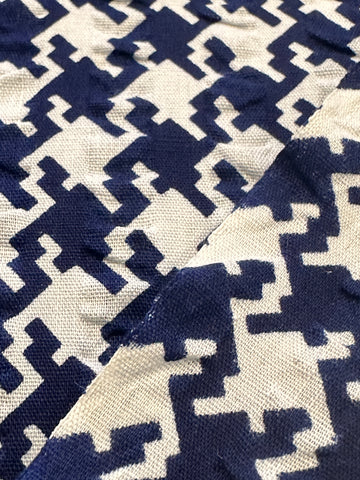 Vintage Fabric 1960s 70s Classic Navy Houndstooth Cotton Seersucker 88cm Wide
