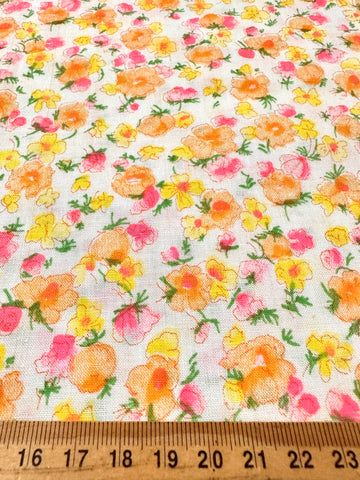 Vintage Fabric 70s Bright Flowers on White Cotton 88cm Wide