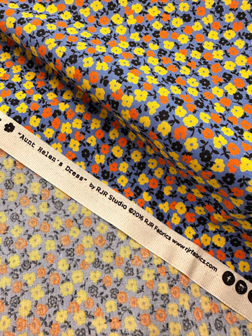 Modern Fabric Everything But The Kitchen Sink 2016 Aunt Helen’s Dress small Yellow Black Orange Flowers on Blue RJR Studio Quilt Cotton 112cm Wide