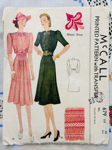 DRESS: Rare McCall Sewing Pattern 1940s Size 14 No Transfers *679