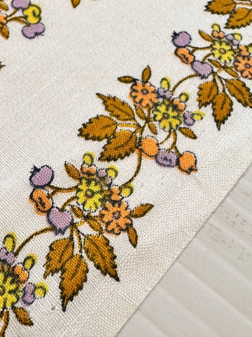Vintage Fabric 1970s Boho Hippie Small Flowers Fruit on White Cotton 88cm Wide