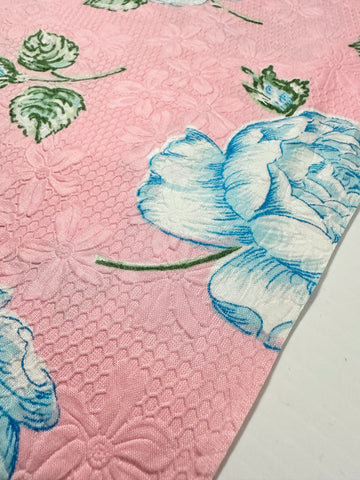 REMNANT Vintage Fabric Embossed Cotton 60s Pale Blue Base & Blue Flowers 44cm x 44cm