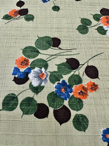 Vintage Fabric 1960s Floral Sprays on Olive Green Textured Cotton 88cm Wide
